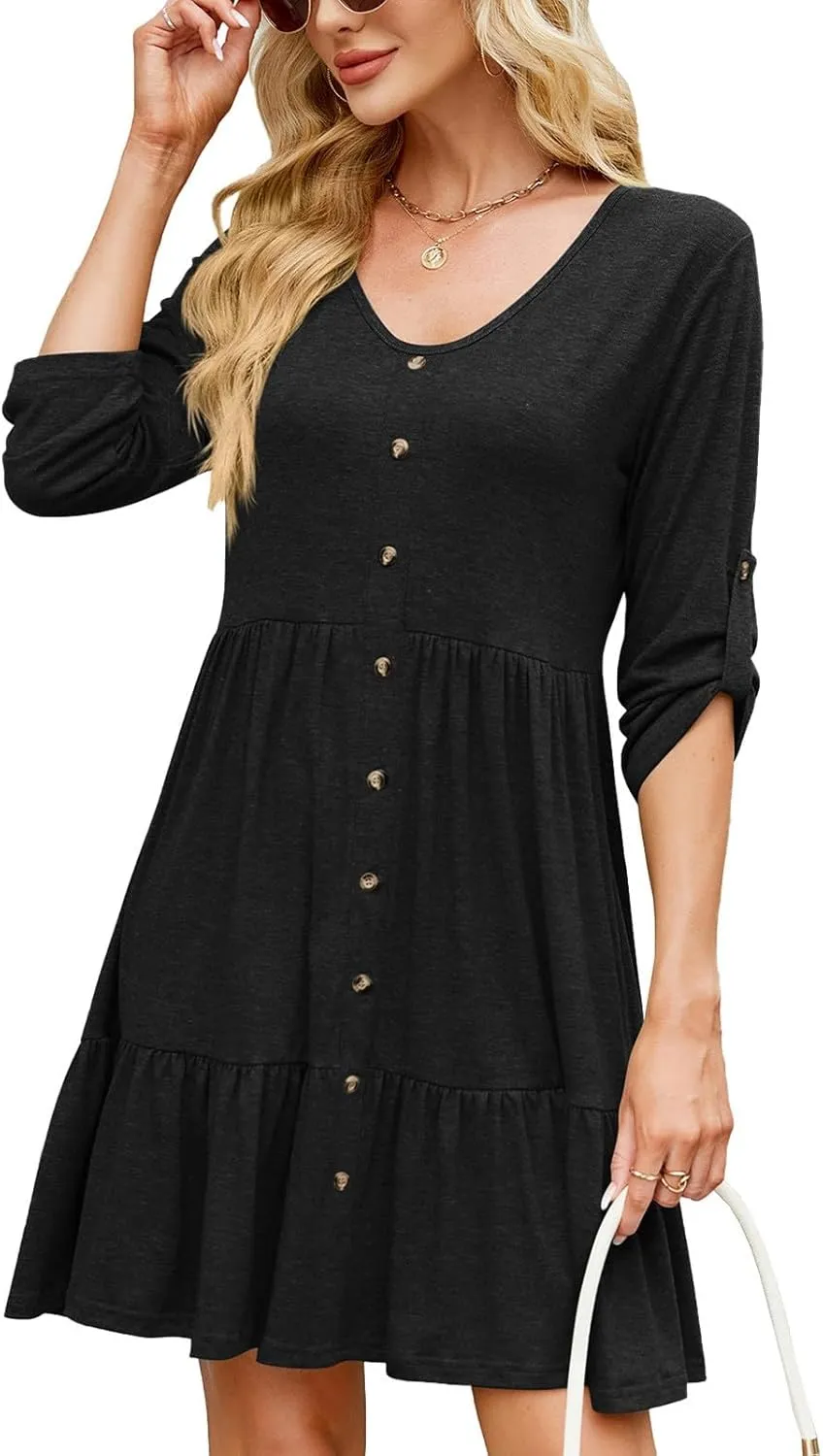 Women Summer Tunic Dress V Neck 3/4 Sleeve Cuffed Casual Button Flowy Swing Dresses Ruffle Hem Mini Beach Dress