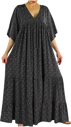 Women V-Neck Beach Long Dress, 2024 Boho Plus Size Summer Floral Maxi Dress Short Sleeve Tiered Swing Flowy Ruffle Dress
