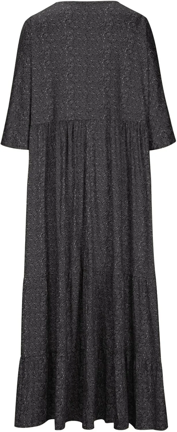 Women V-Neck Beach Long Dress, 2024 Boho Plus Size Summer Floral Maxi Dress Short Sleeve Tiered Swing Flowy Ruffle Dress