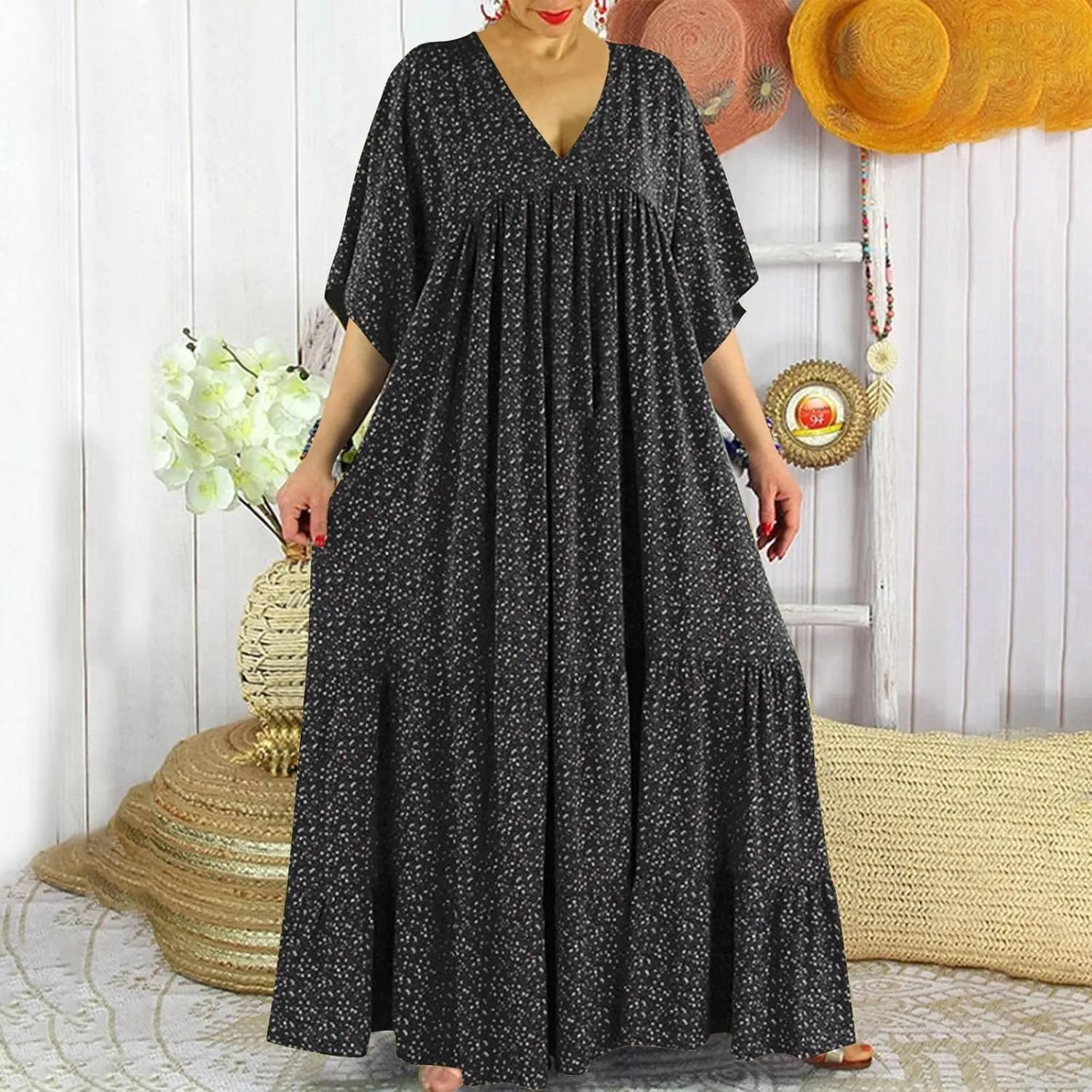 Women V-Neck Beach Long Dress, 2024 Boho Plus Size Summer Floral Maxi Dress Short Sleeve Tiered Swing Flowy Ruffle Dress