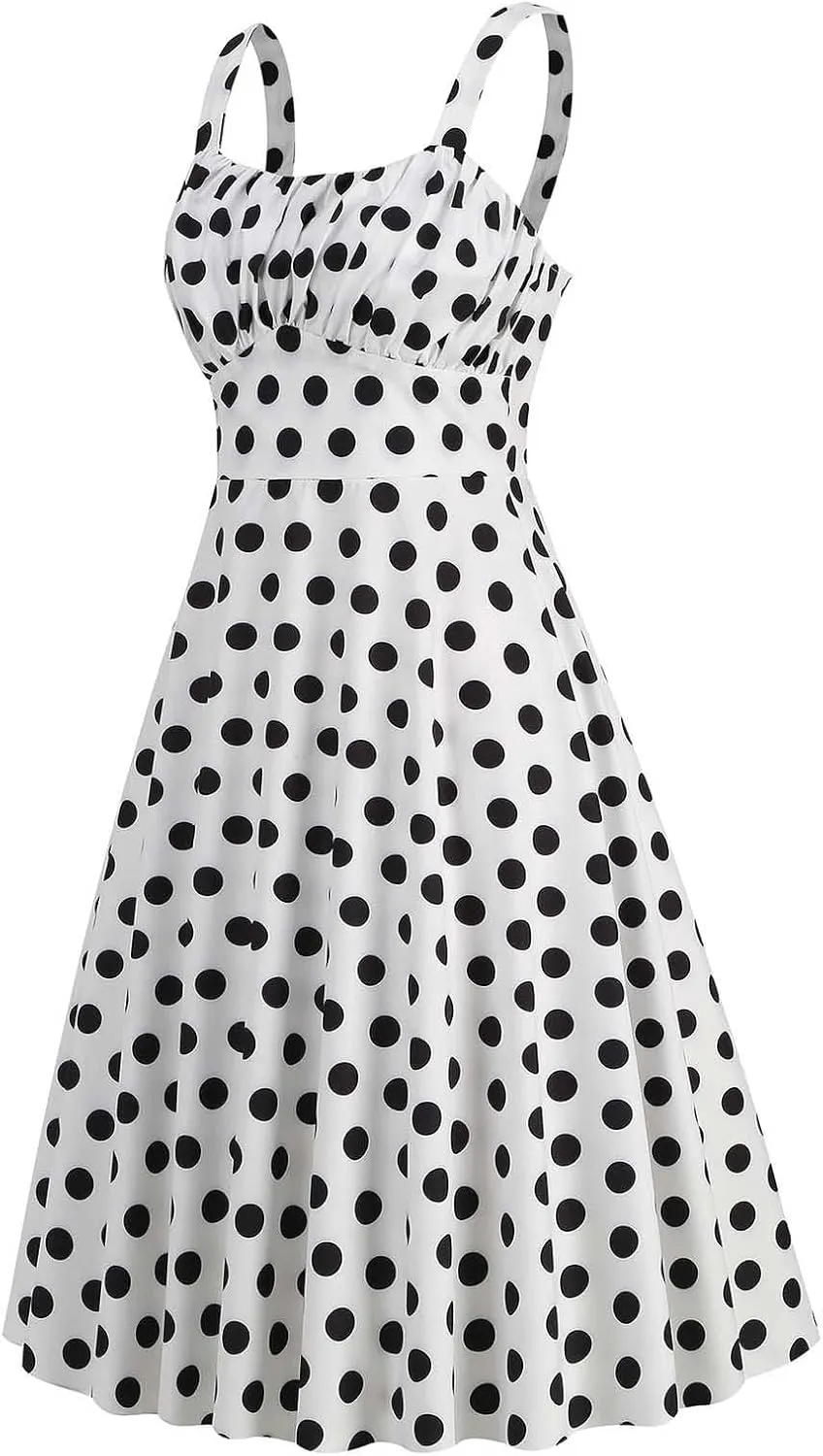 Women Vintage Sleeveless Solid Floral Ruched Summer Cute A-Line Flowy Swing Midi Dress Beach Dresses