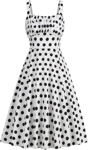 Women Vintage Sleeveless Solid Floral Ruched Summer Cute A-Line Flowy Swing Midi Dress Beach Dresses