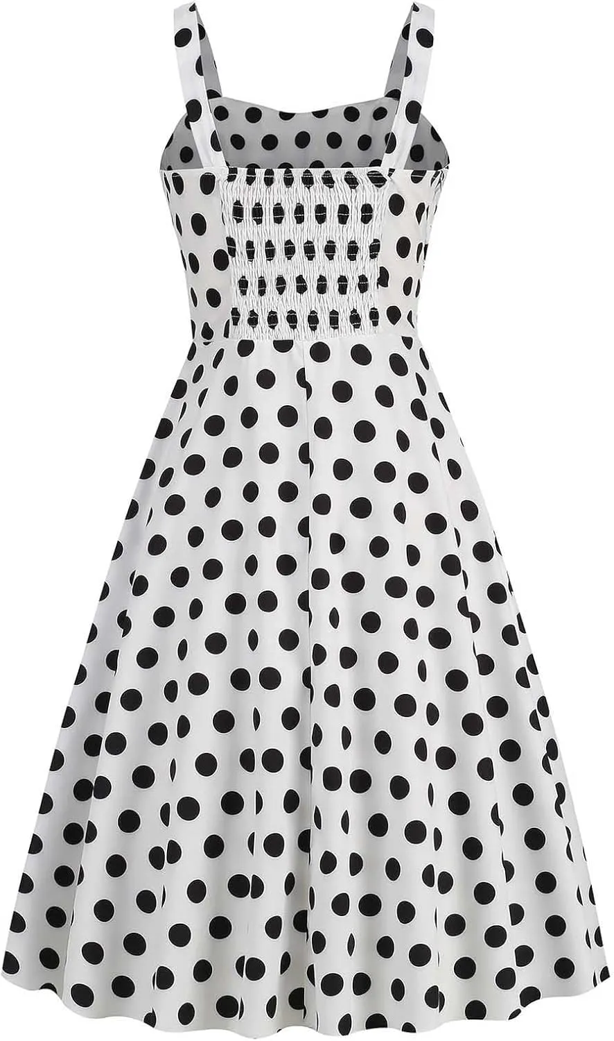 Women Vintage Sleeveless Solid Floral Ruched Summer Cute A-Line Flowy Swing Midi Dress Beach Dresses