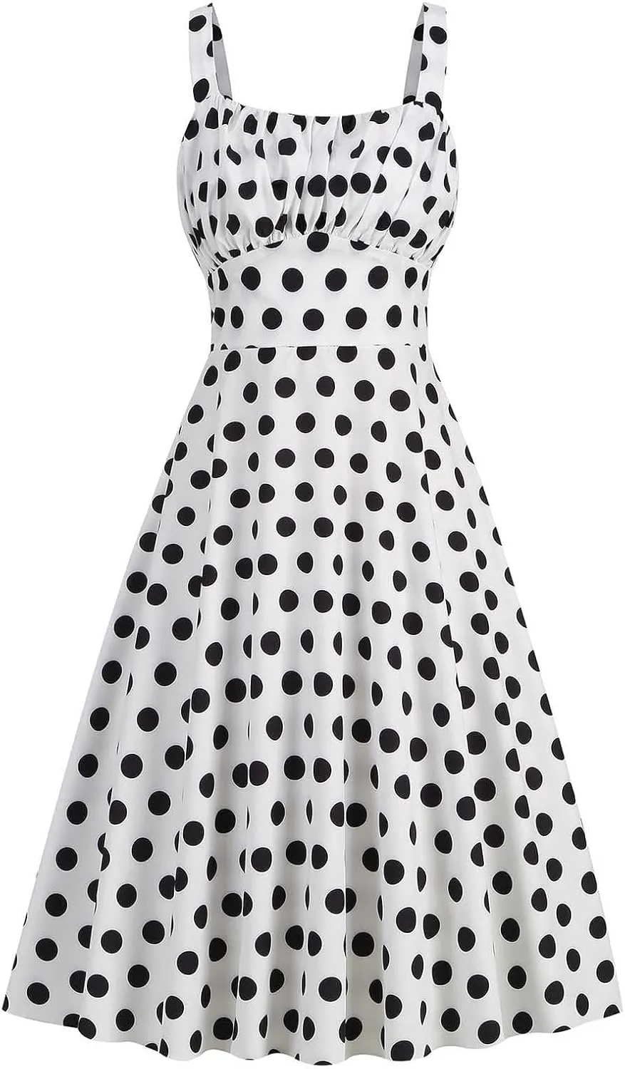 Women Vintage Sleeveless Solid Floral Ruched Summer Cute A-Line Flowy Swing Midi Dress Beach Dresses