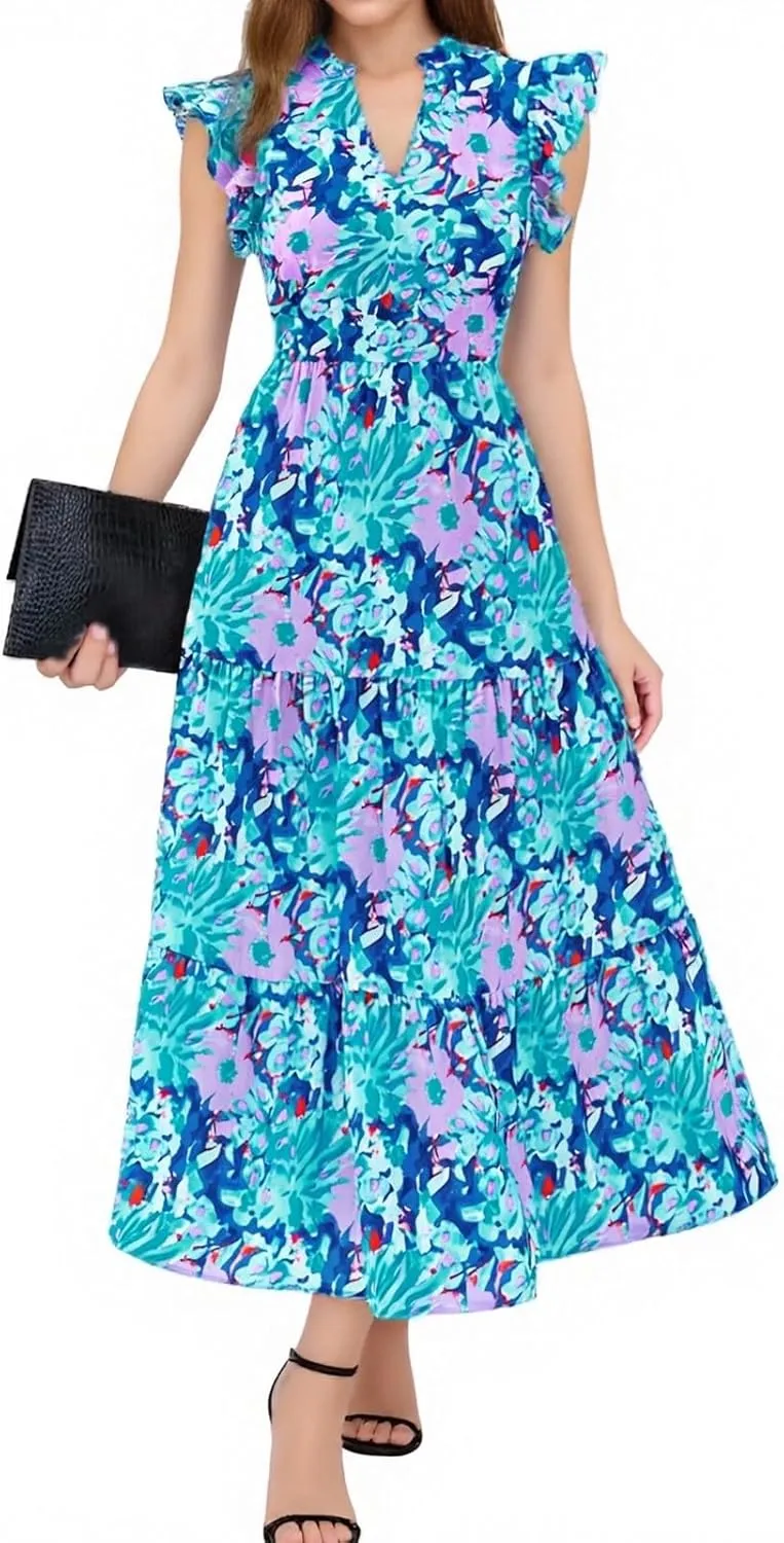 Women's 2025 Summer Floral Midi Dress Cap Sleeve V Neck Ruffle Long Flowy Boho Casual Beach Vacation Dresses