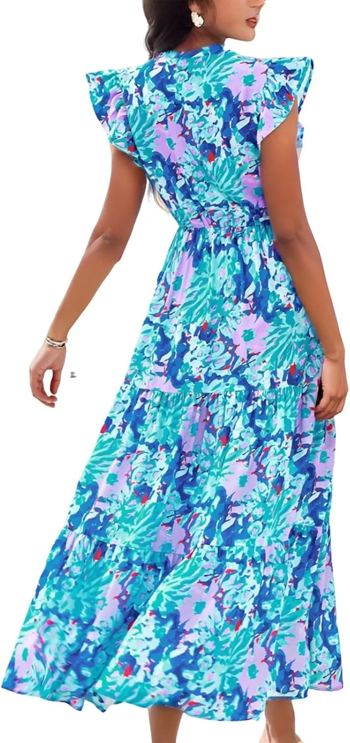 Women's 2025 Summer Floral Midi Dress Cap Sleeve V Neck Ruffle Long Flowy Boho Casual Beach Vacation Dresses