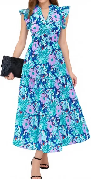 Women's 2025 Summer Floral Midi Dress Cap Sleeve V Neck Ruffle Long Flowy Boho Casual Beach Vacation Dresses