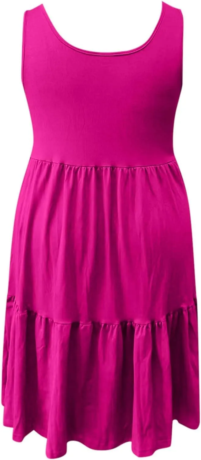 Womens Casual Dresses,2025 Summer Sleveless U Neck Mini Desses Flowy Smocked Hem Short Sundress Tank Plus Size Dress