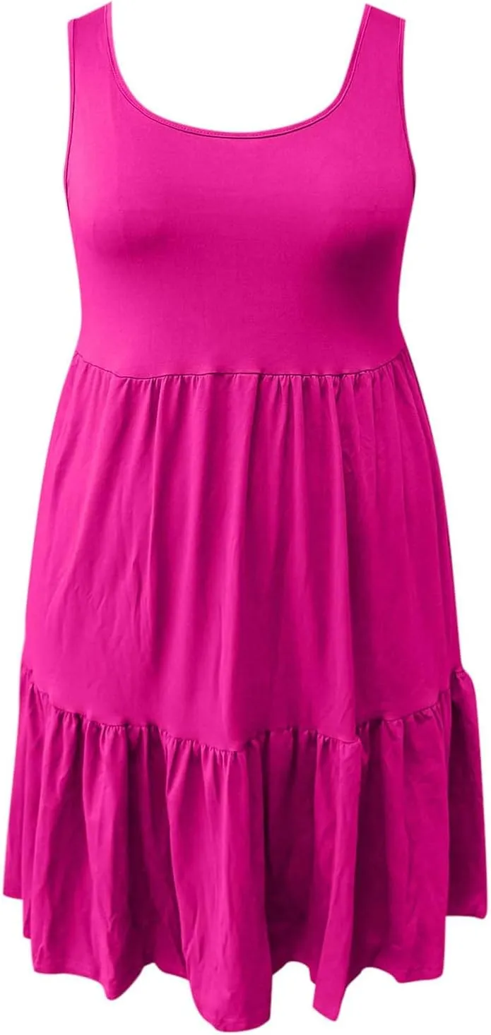 Womens Casual Dresses,2025 Summer Sleveless U Neck Mini Desses Flowy Smocked Hem Short Sundress Tank Plus Size Dress
