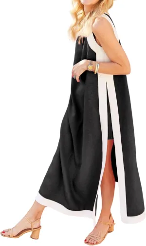 Womens Color Block Maxi Dress 2 Piece Matching Shorts Sets Summer Bohemian Sleeveless Long Dresses with Pockets