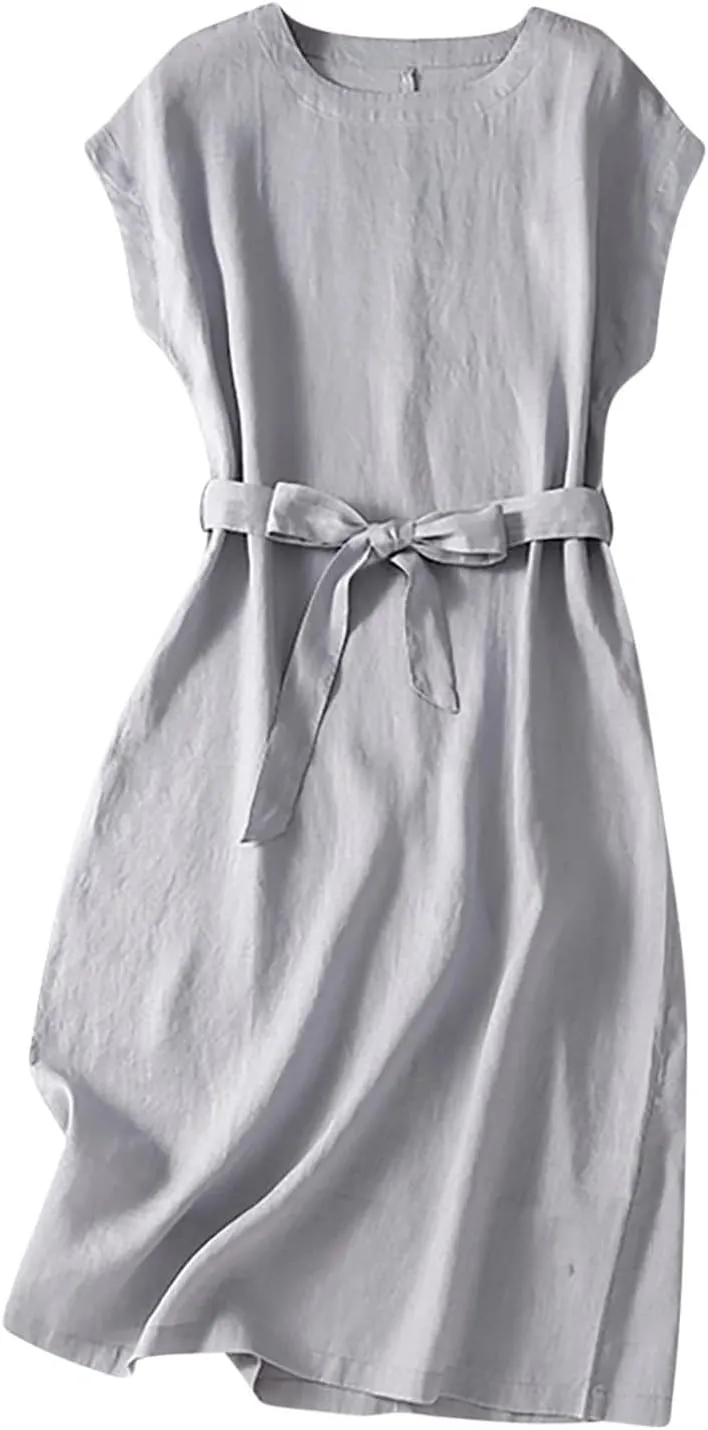 Women's Cotton Linen Midi Dress Plus Size Short Sleeve Tunic Summer Dresses Vacation Beach Casual Sun Dress