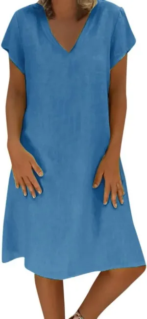 Womens Cotton Linen Plus Size Midi Dress Summer Solid Color Short Sleeve V-Neck T-Shirt Dresses Flowy Beach Dress