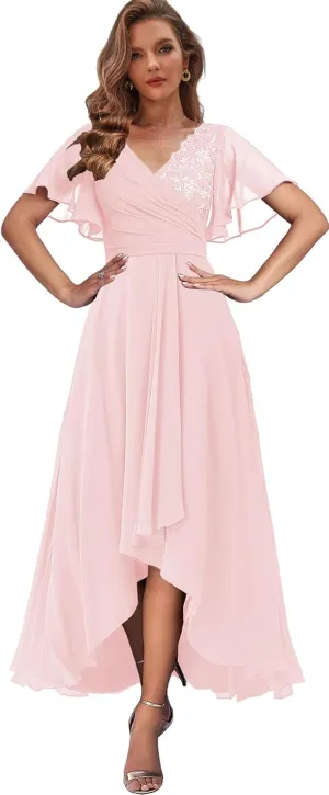 Women's Lace Mother of The Bride Dresses for Wedding High Low Formal Gown with Sleeves V Neck Evening Dress