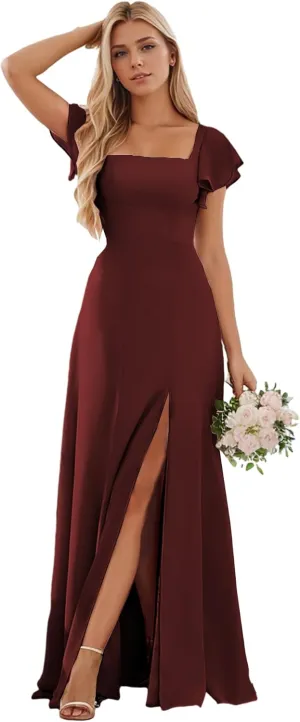 Women's Long Bridesmaid Dresses with Sleeves Chiffon Formal Dress for Wedding Guest Corset Evening Gown