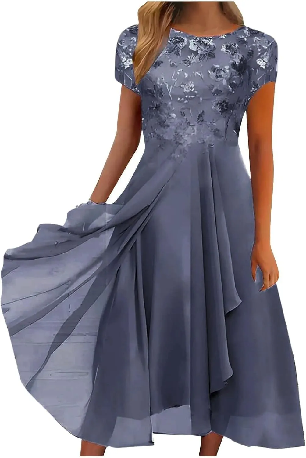 Women's Long Dresses Elegant Lace Splicing Solid Color Evening Gown Short Sleeve Cocktail Wedding Dresses, S-3XL