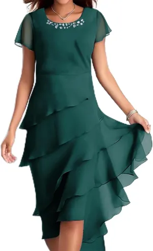 Women's Long Mother of The Bride Dresses for Wedding Chiffon Short Sleeve Crew Neck Tiered Formal Evening Dress 2025