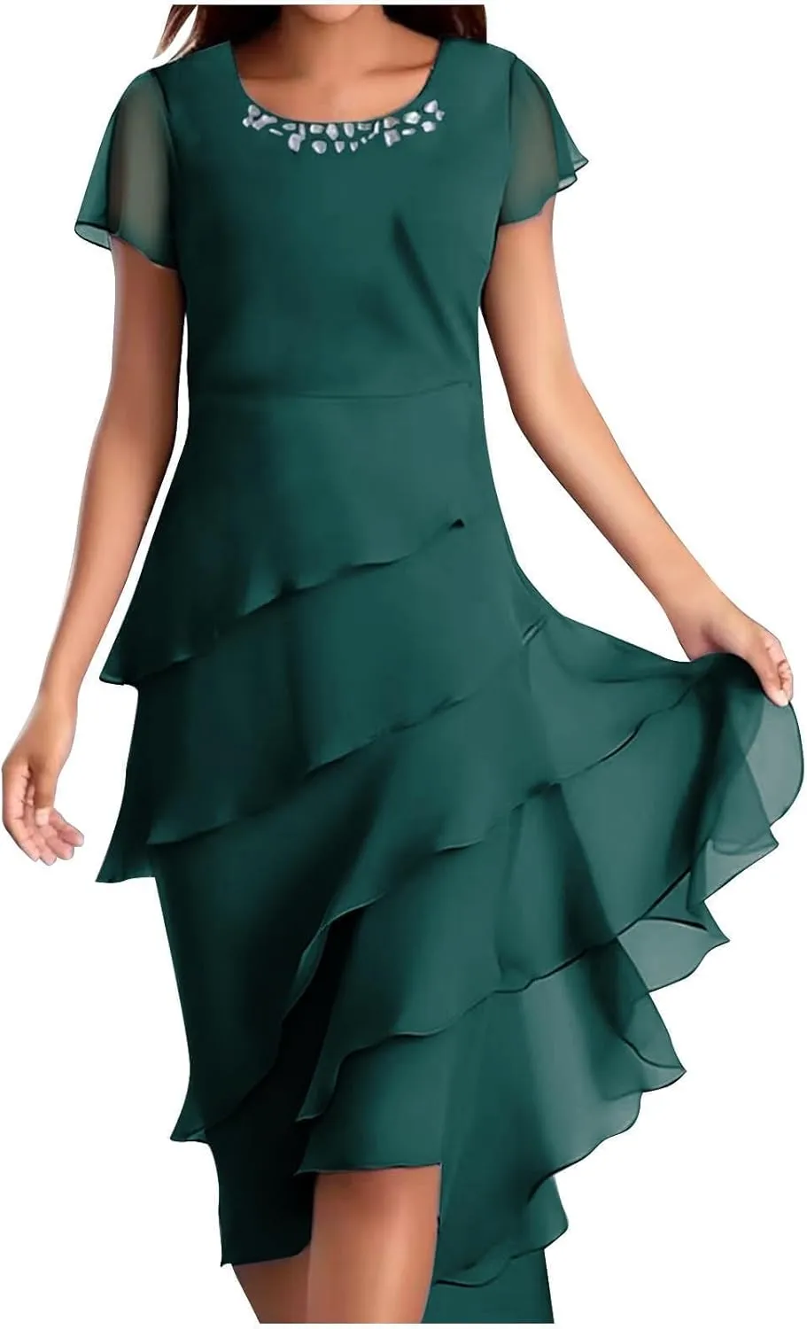 Women's Long Mother of The Bride Dresses for Wedding Chiffon Short Sleeve Crew Neck Tiered Formal Evening Dress 2025