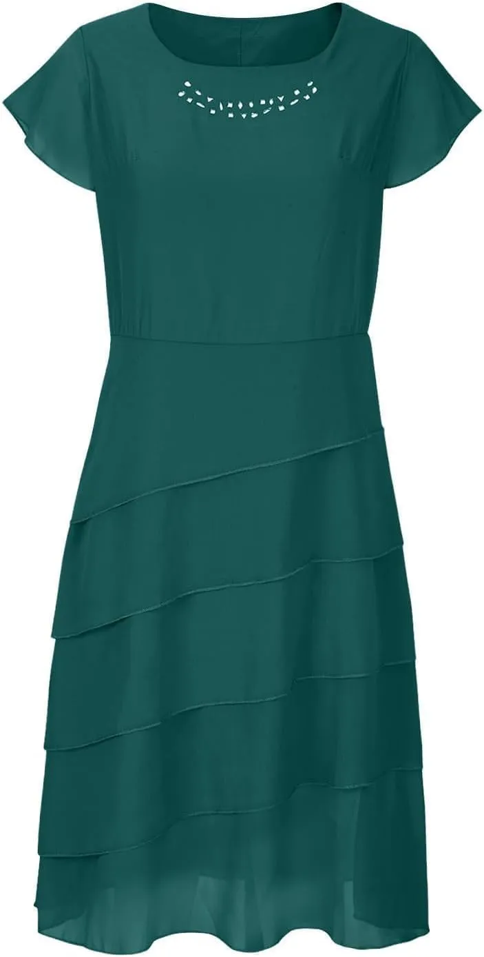 Women's Long Mother of The Bride Dresses for Wedding Chiffon Short Sleeve Crew Neck Tiered Formal Evening Dress 2025