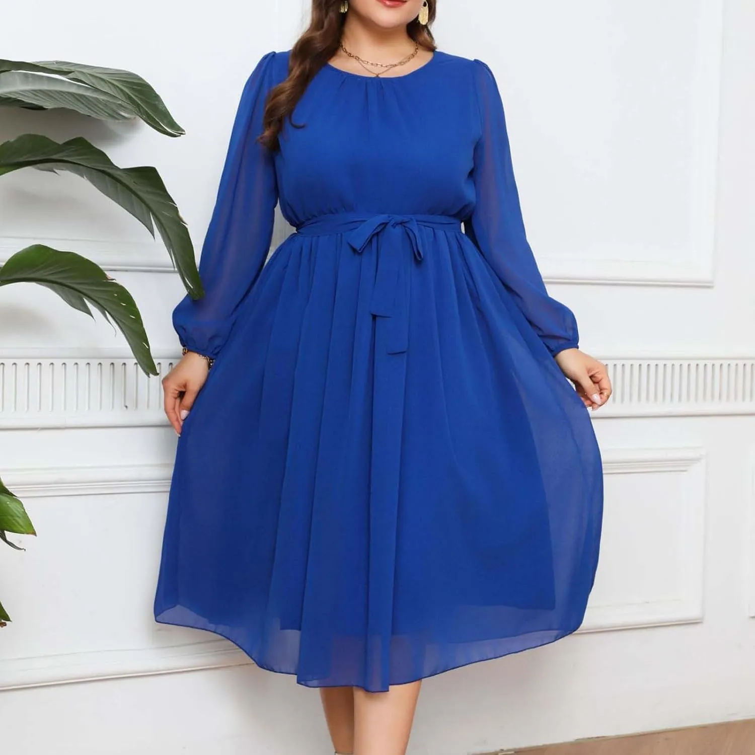 Womens Plus Size Long Sleeve Dresses Summer Tie Waist Casual Round Neck Midi Dress Flowy A Line Chiffon Sundress
