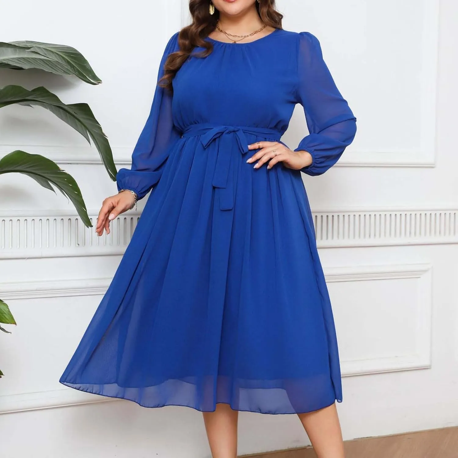 Womens Plus Size Long Sleeve Dresses Summer Tie Waist Casual Round Neck Midi Dress Flowy A Line Chiffon Sundress