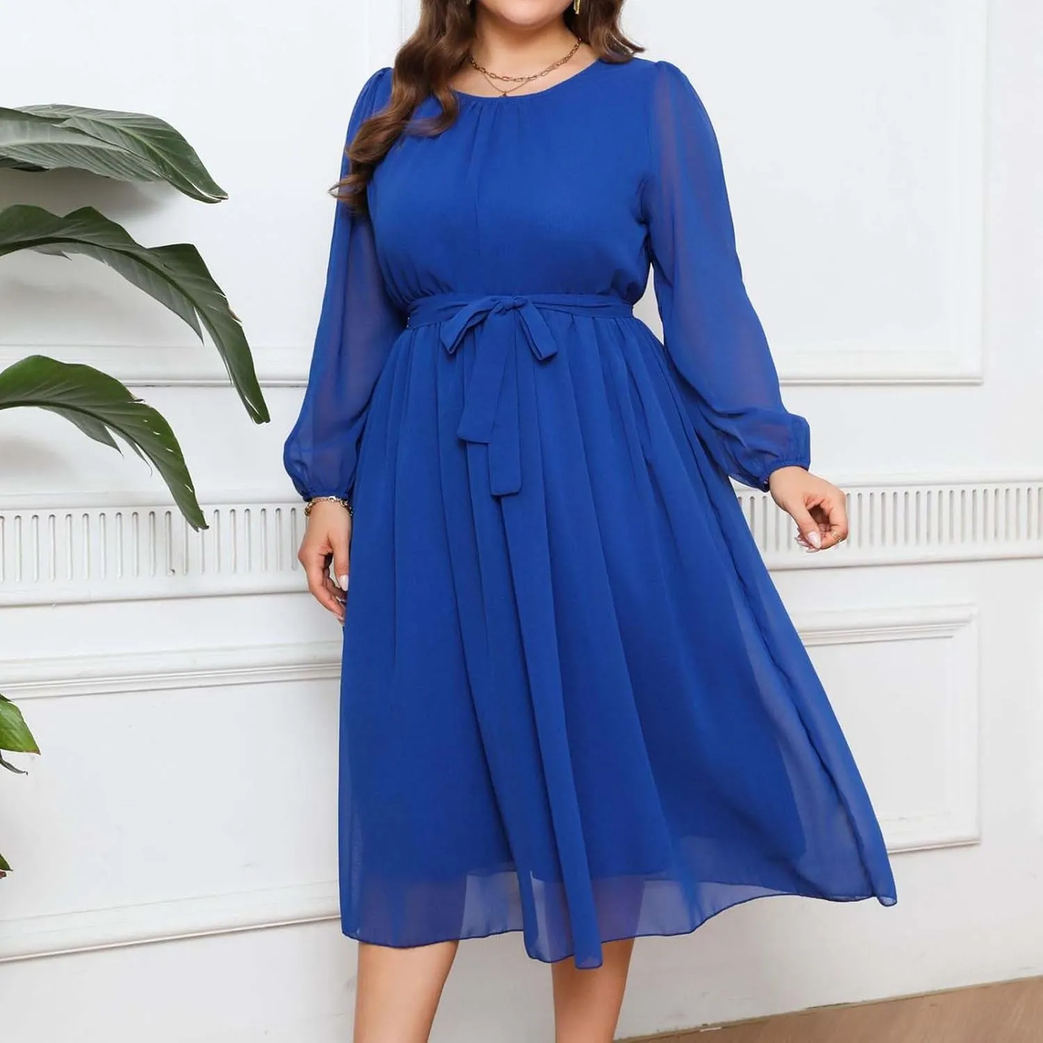 Womens Plus Size Long Sleeve Dresses Summer Tie Waist Casual Round Neck Midi Dress Flowy A Line Chiffon Sundress