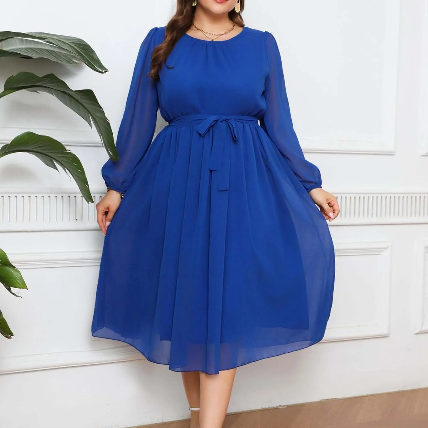 Womens Plus Size Long Sleeve Dresses Summer Tie Waist Casual Round Neck Midi Dress Flowy A Line Chiffon Sundress