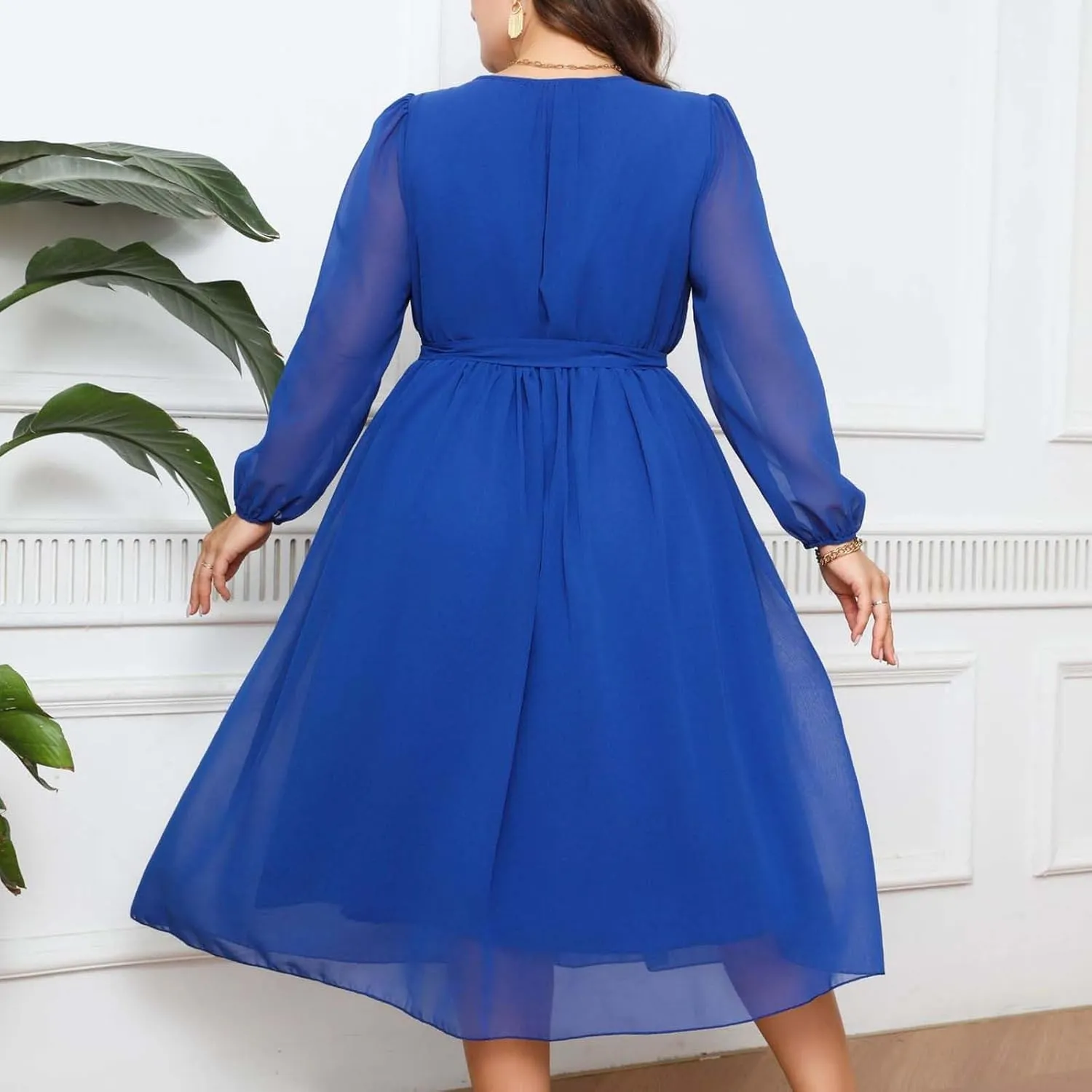 Womens Plus Size Long Sleeve Dresses Summer Tie Waist Casual Round Neck Midi Dress Flowy A Line Chiffon Sundress