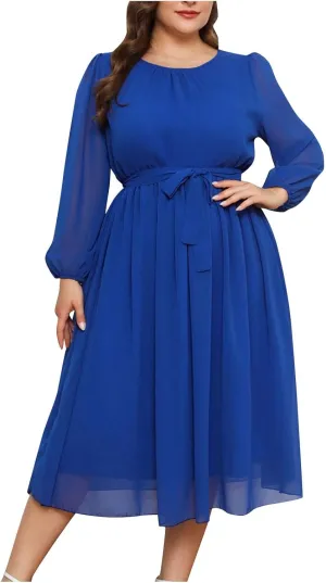 Womens Plus Size Long Sleeve Dresses Summer Tie Waist Casual Round Neck Midi Dress Flowy A Line Chiffon Sundress