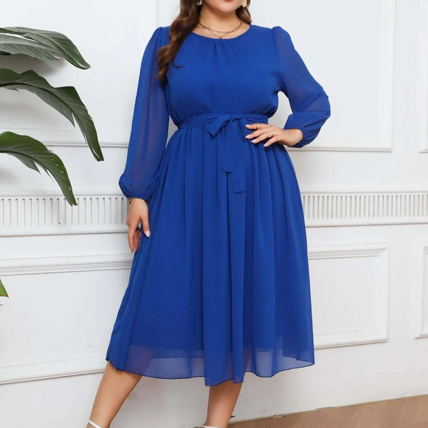 Womens Plus Size Long Sleeve Dresses Summer Tie Waist Casual Round Neck Midi Dress Flowy A Line Chiffon Sundress