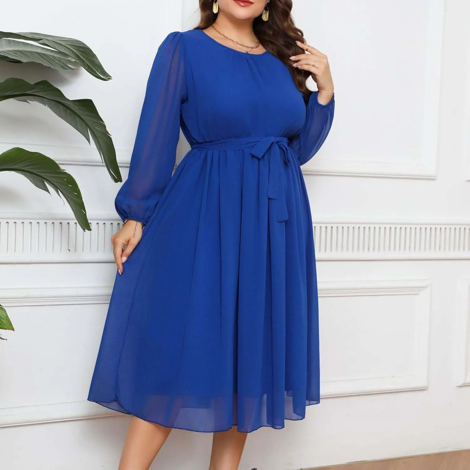 Womens Plus Size Long Sleeve Dresses Summer Tie Waist Casual Round Neck Midi Dress Flowy A Line Chiffon Sundress
