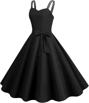 Women's Rockabilly Dresses 50's Vintage Spaghetti Strap Sleeveless Solid Prom Cocktail Swing Midi Dress