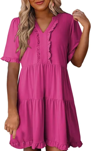 Womens Summer 2025 Ruffle Chiffon Tiered Dresses Casual A Line Flowy Swing V Neck Short Sleeve Mini Dress