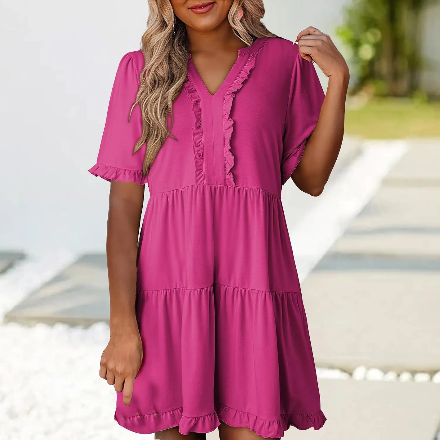 Womens Summer 2025 Ruffle Chiffon Tiered Dresses Casual A Line Flowy Swing V Neck Short Sleeve Mini Dress