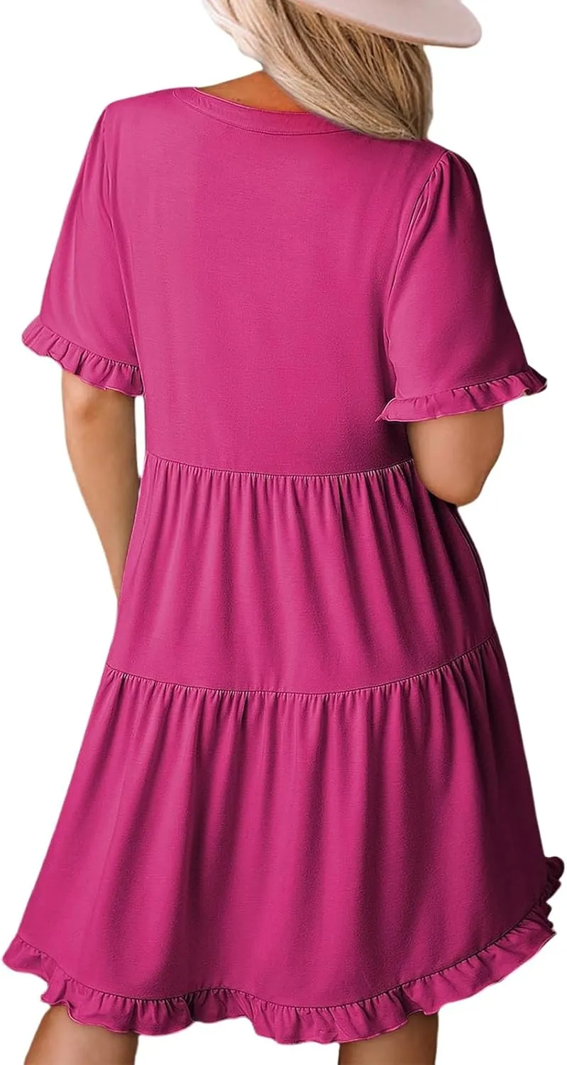 Womens Summer 2025 Ruffle Chiffon Tiered Dresses Casual A Line Flowy Swing V Neck Short Sleeve Mini Dress