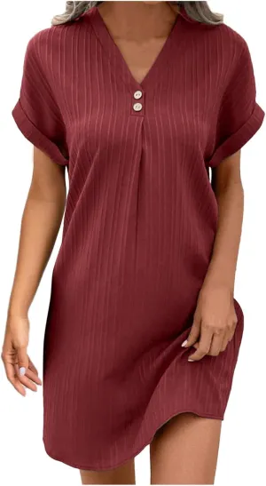 Womens Summer A-Line Dress with Pockets Mini Short Sleeve Dresses Beach Swing Tunic Dress 2025 Vacation Travel