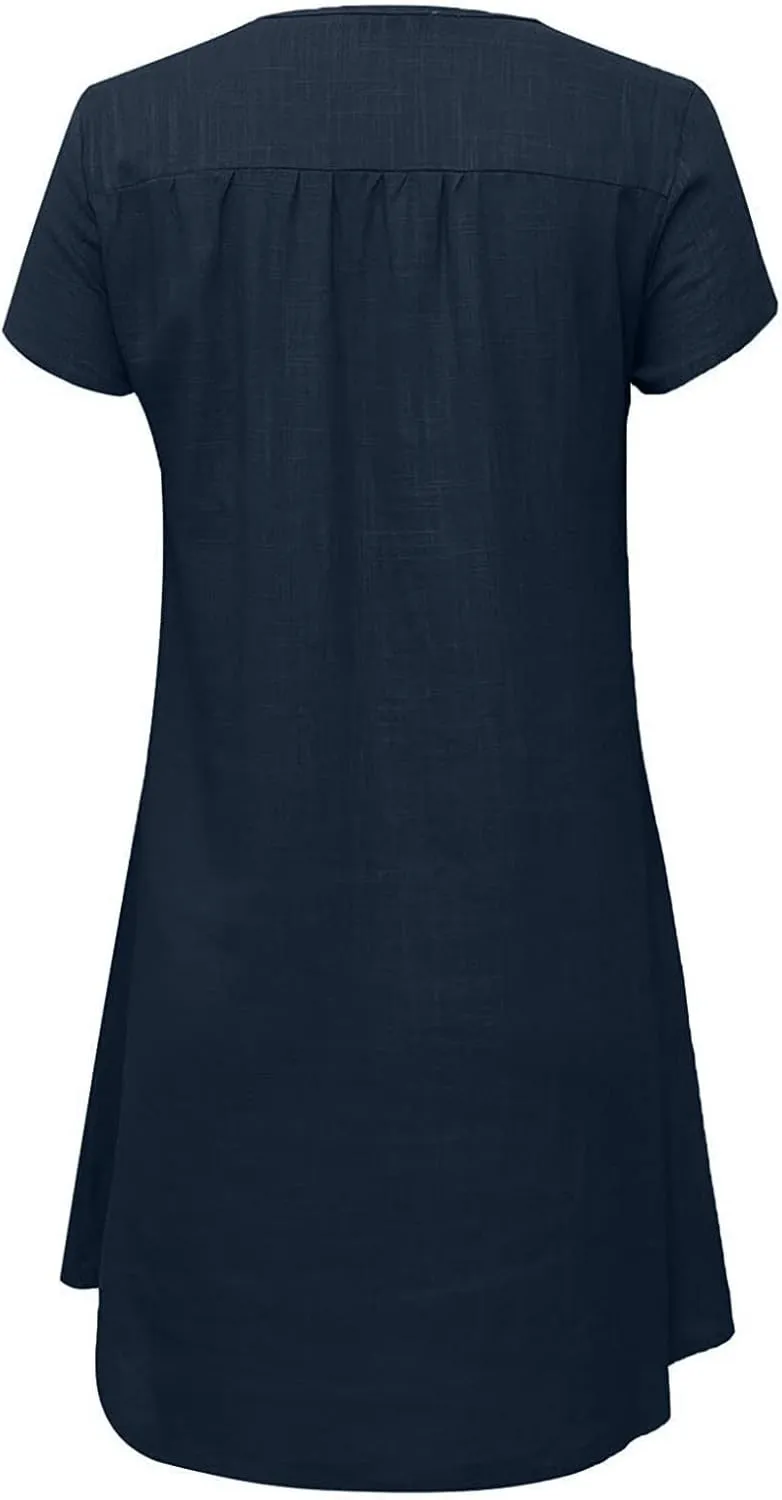 Womens Summer Cotton Linen V Neck Short Dress Short Sleeve Mini Dress Casual Loose Tshirt Dress Plus Size Sundress