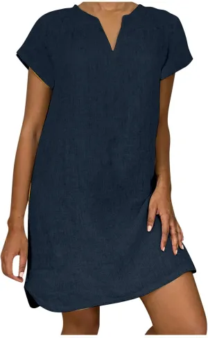 Womens Summer Cotton Linen V Neck Short Dress Short Sleeve Mini Dress Casual Loose Tshirt Dress Plus Size Sundress