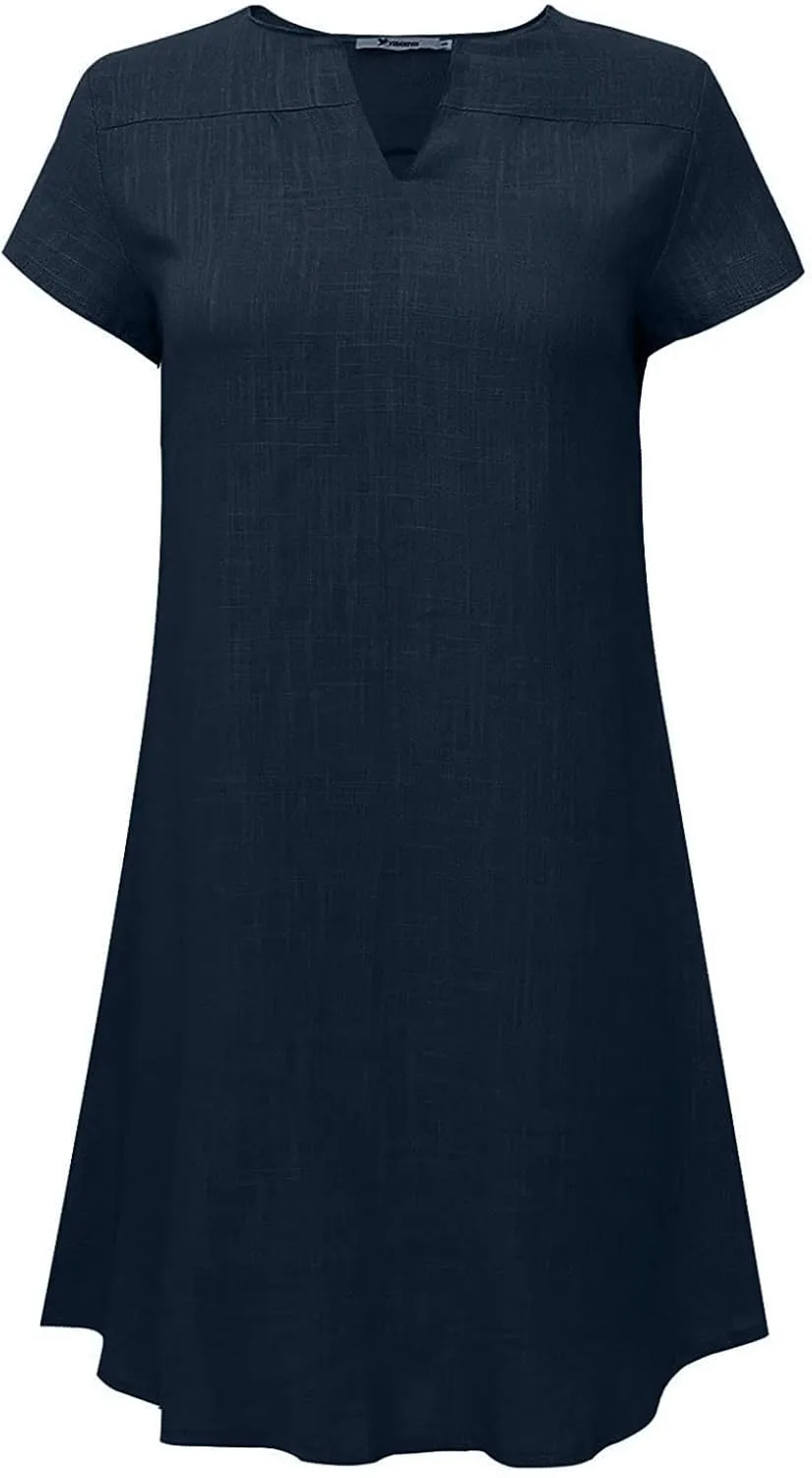 Womens Summer Cotton Linen V Neck Short Dress Short Sleeve Mini Dress Casual Loose Tshirt Dress Plus Size Sundress