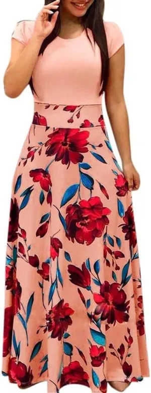 Women's Summer Dresses 2024 Maxi Dresses Casual Loose Swing Bohemian Print Short Sleeve Dress, S-5XL