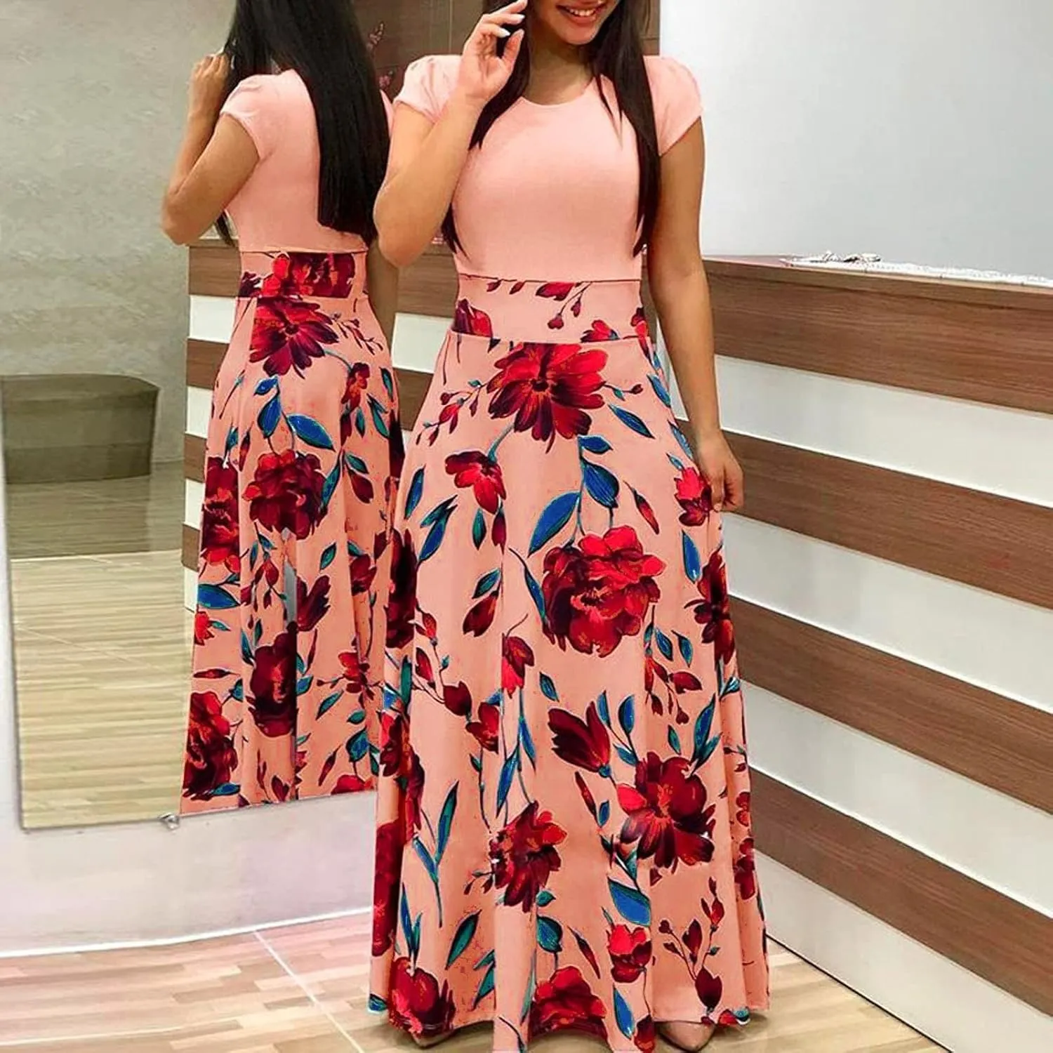 Women's Summer Dresses 2024 Maxi Dresses Casual Loose Swing Bohemian Print Short Sleeve Dress, S-5XL