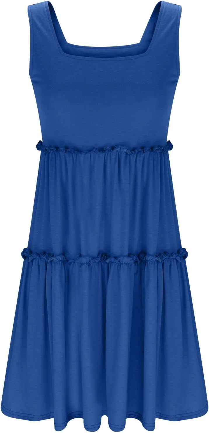 Womens Summer Dresses 2025 Sleeveless Square Neck Smocked Ruffle Tiered Casual Swing Mini Dress Beach Boho Sundress