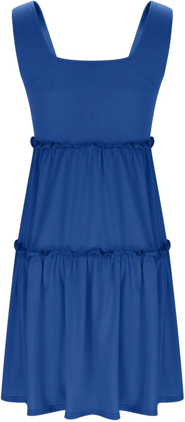 Womens Summer Dresses 2025 Sleeveless Square Neck Smocked Ruffle Tiered Casual Swing Mini Dress Beach Boho Sundress