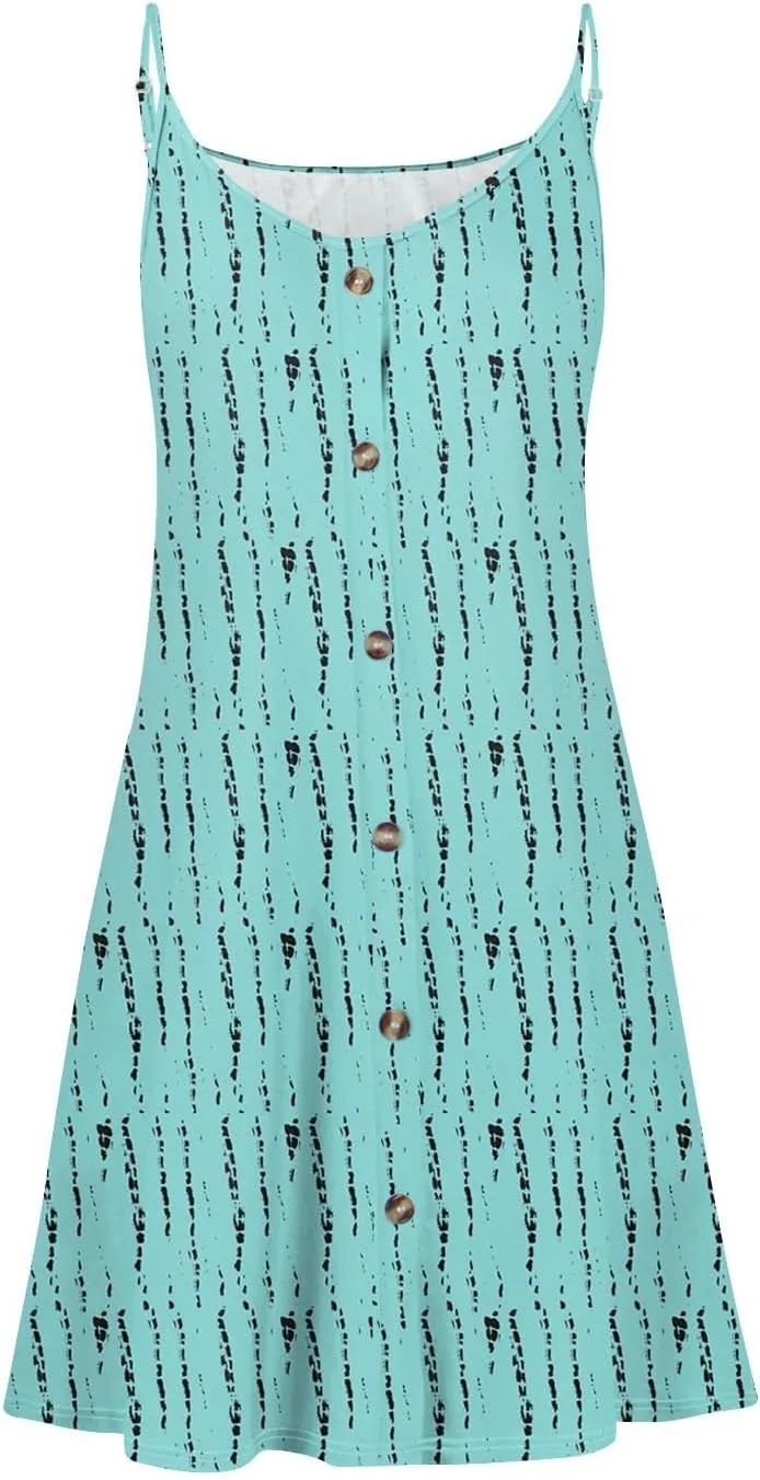 Womens Summer Dresses Beach Floral Sundresses Button Flowy Mini Dress Spaghetti Strap Casual Sleeveless a Line Dress