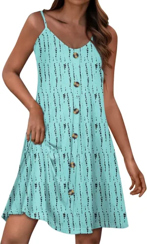 Womens Summer Dresses Beach Floral Sundresses Button Flowy Mini Dress Spaghetti Strap Casual Sleeveless a Line Dress