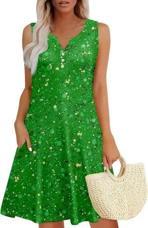 Womens Summer Dresses Casual Floral V Neck Sundresses for Women Beach Plus Size Tank Dress with Pockets