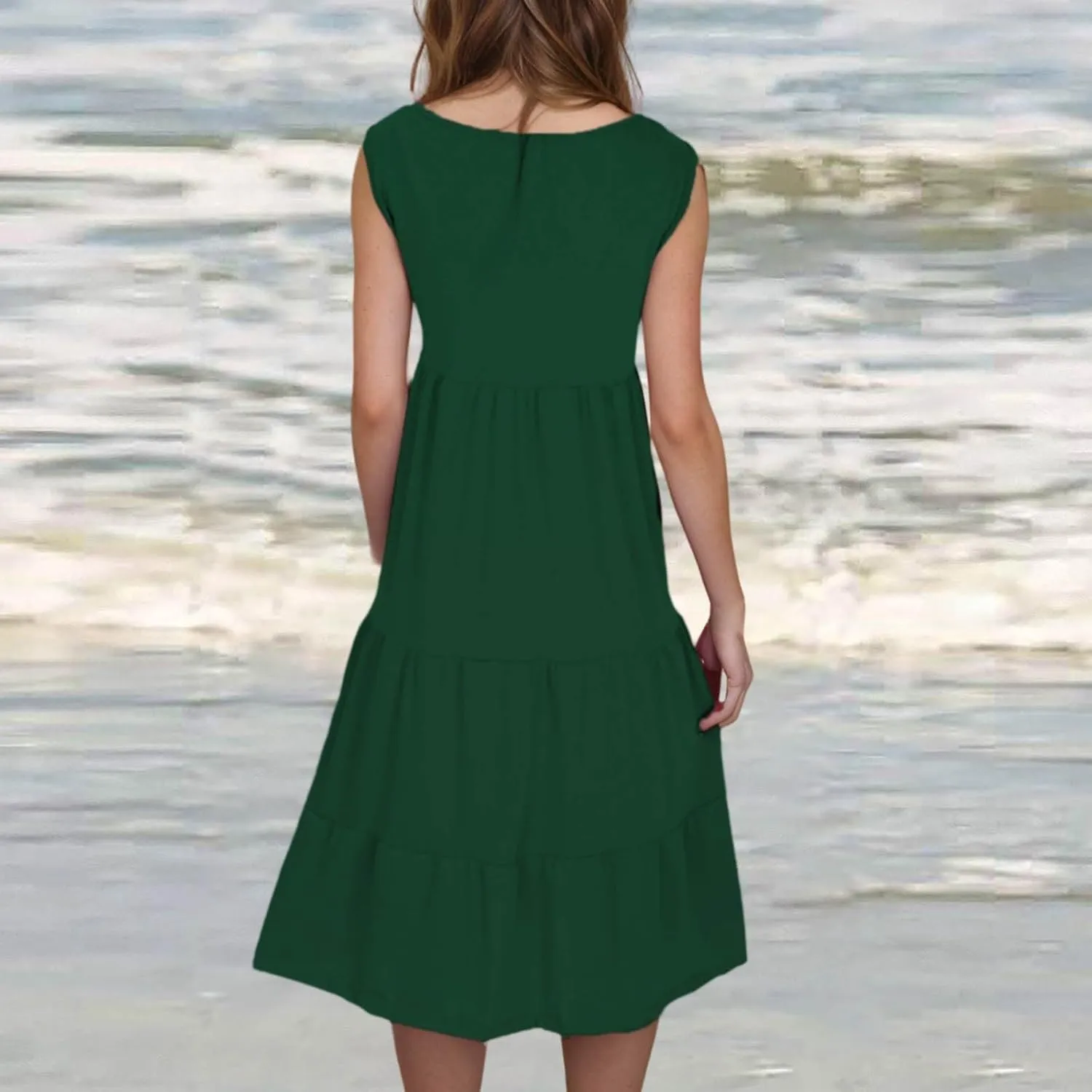 Womens Summer Dresses Round Neck Tank Tiered Flowy Midi Dress A Line Babydoll Casual Sleeveless Plus Size Sundress