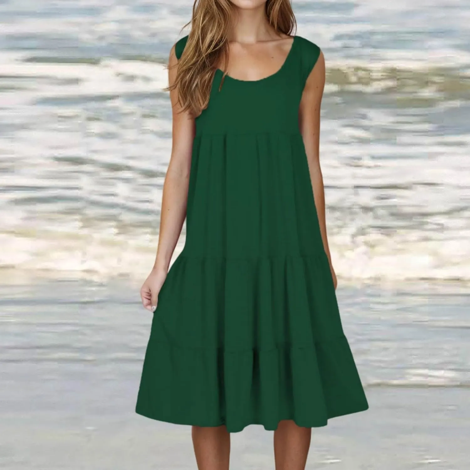 Womens Summer Dresses Round Neck Tank Tiered Flowy Midi Dress A Line Babydoll Casual Sleeveless Plus Size Sundress