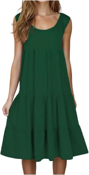 Womens Summer Dresses Round Neck Tank Tiered Flowy Midi Dress A Line Babydoll Casual Sleeveless Plus Size Sundress