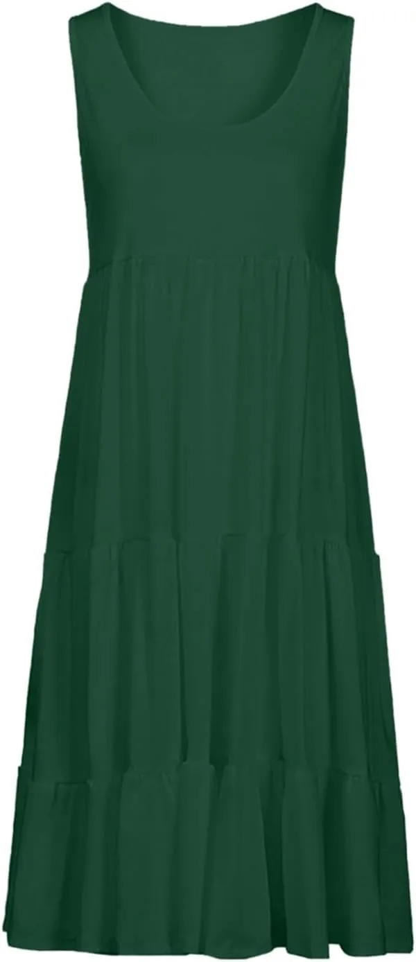 Womens Summer Dresses Round Neck Tank Tiered Flowy Midi Dress A Line Babydoll Casual Sleeveless Plus Size Sundress