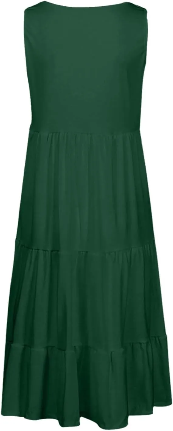 Womens Summer Dresses Round Neck Tank Tiered Flowy Midi Dress A Line Babydoll Casual Sleeveless Plus Size Sundress
